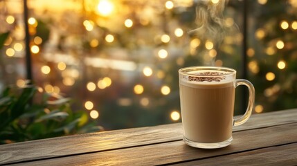 Obraz premium A steaming cup of coffee sits on a wooden table, with a warm, blurred background of lights.