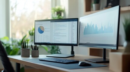 Modern Desk Setup with Dual Monitors and Plants