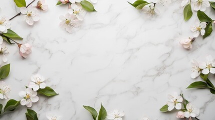 Discount voucher in seasonal concept. Floral border on marble background with soft pink blossoms and green leaves.