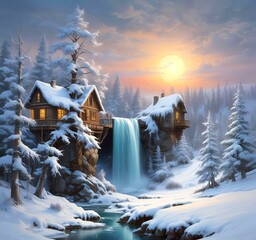 Illustration of winter landscape with waterfall.