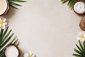 Discount voucher in seasonal concept. Natural coconut and flowers arranged on a light background.