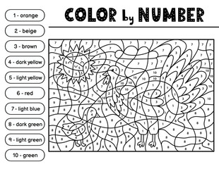 Color by number black and white activity page for kids with a cute mother turkey and her baby chick. Farm animal scene puzzle game in outline. Vector illustration