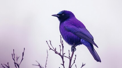 Naklejka premium A vibrant purple bird perched on a branch against a soft background.