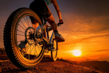 Low angle view of back of mountain biker's bicycle wheel as he rides aggressively on rough trail. Illustration by AI.