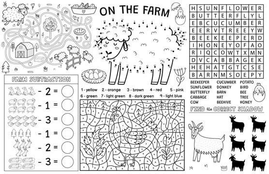 On the farm placemat with cute animals. Farm activity mat for kids with dot to dot, word search, math, color by number and maze games. Sheep, hen, goat and others. Vector illustration
