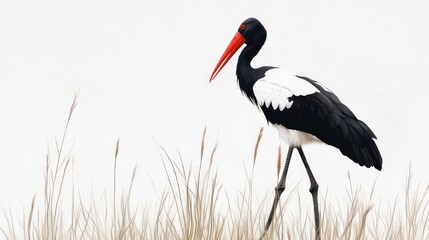 A black and white stork stands gracefully among tall grasses against a soft background. © harryaishi