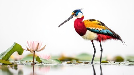 Obraz premium A colorful bird stands near a pink lotus flower in a serene aquatic environment.
