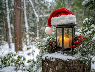 Glowing  lantern standing on a snow-covered tree stump, decorated with a Santa hat, evergreen branches and red berries, located in a snowy forest