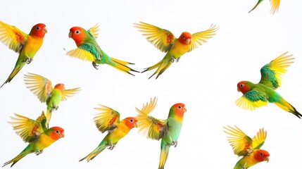 Obraz premium A vibrant display of colorful birds in flight against a white background.