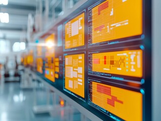 Goal setting mindset concept. Digital display panels with vibrant orange graphics in a tech environment.