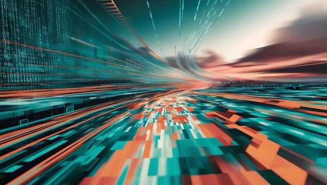 digital landscape flowing binary code