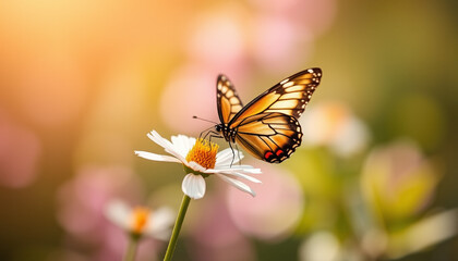 Fototapeta premium A delicate butterfly, wings outstretched, perches gently on a vibrant bloom