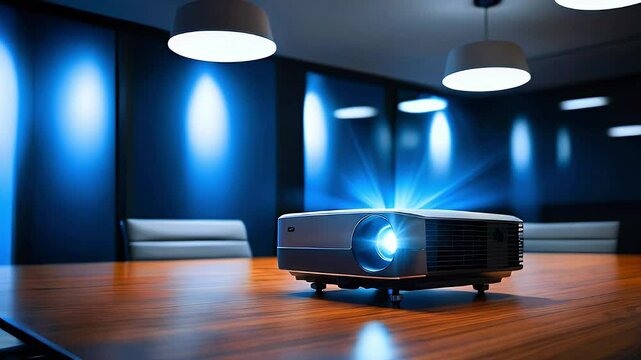 A projector emits light in a modern conference room with a wooden table and ambient lighting.