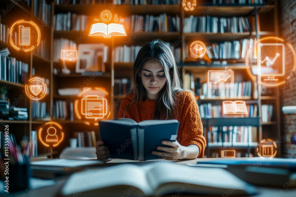 Poster learning summary concept. a girl reading in a library with glowing educational icons around her.