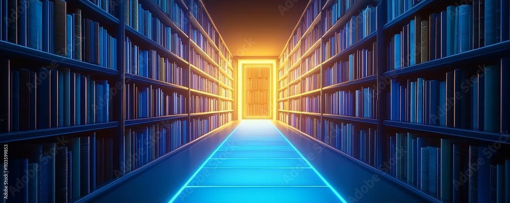 Poster learning summary concept. a glowing doorway in a library lined with bookshelves.
