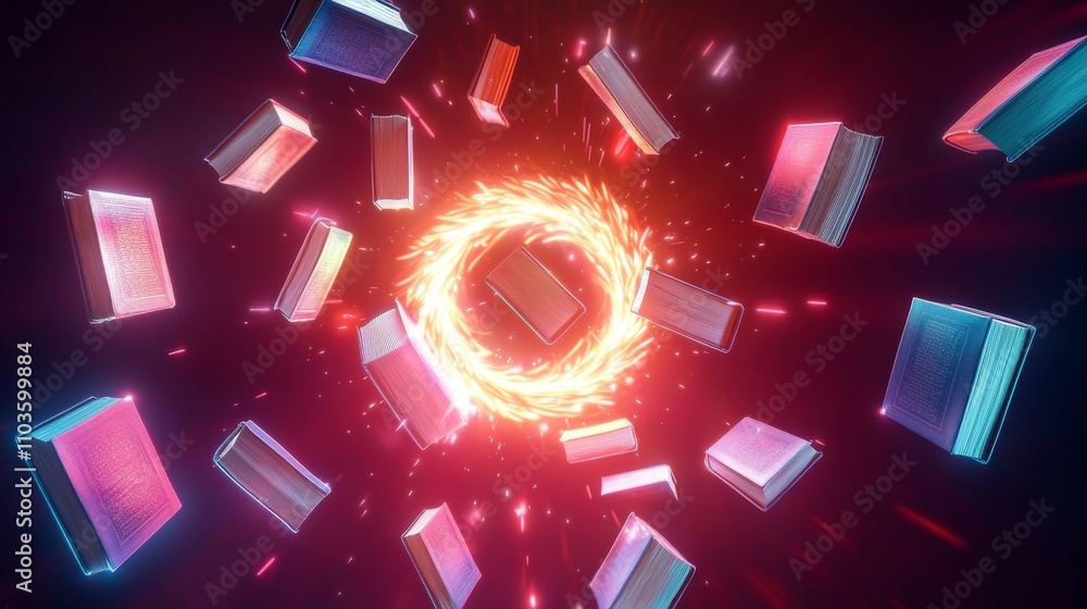 Poster learning summary concept. abstract glowing shapes in a dynamic, colorful vortex scene.