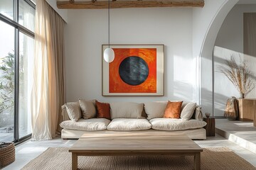 A modern living room photo of a minimalist, japandi interior with sofa and art frame and a Scandinavian interior combination. Generative AI
