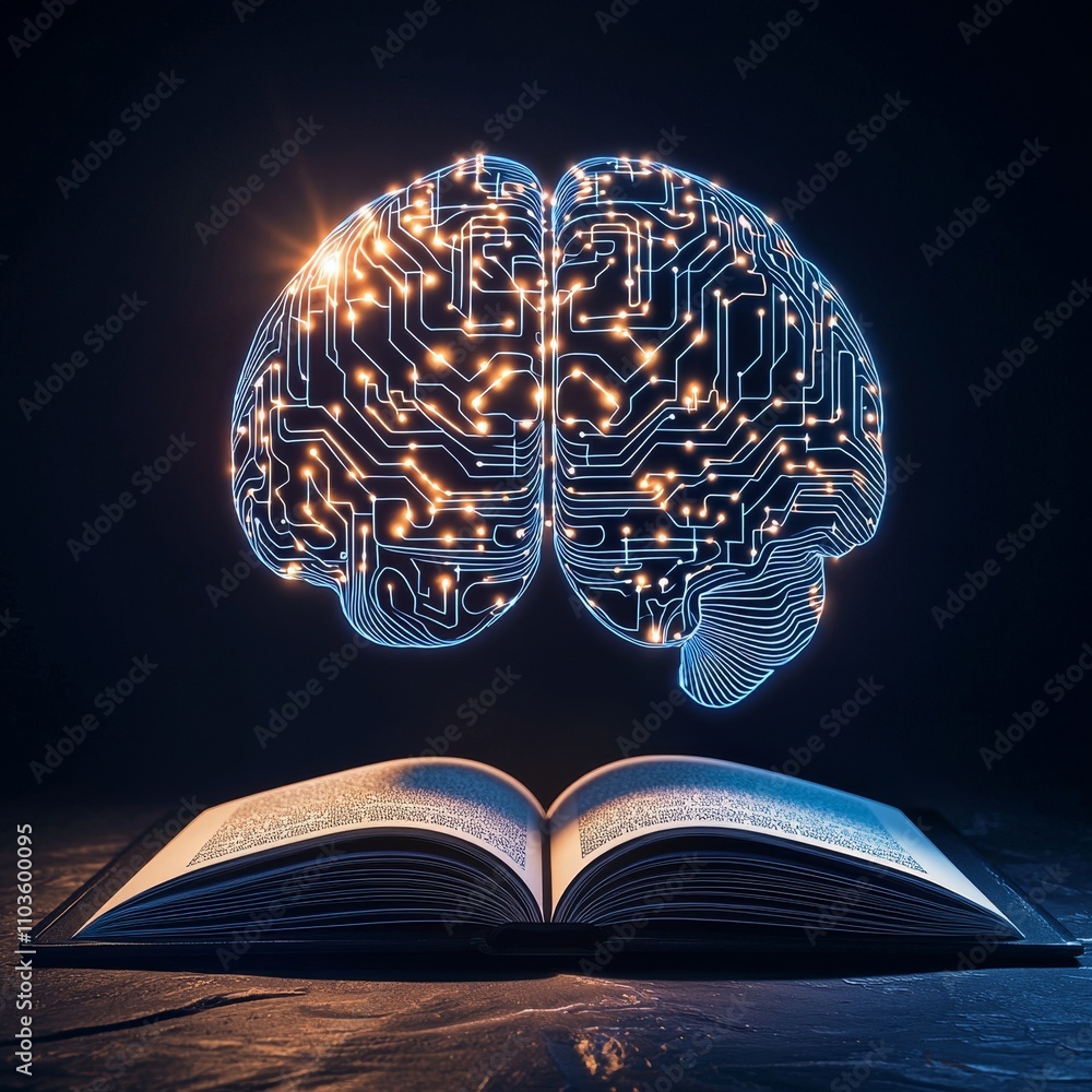 Poster learning summary concept. digital brain over an open book symbolizing knowledge and technology fusio