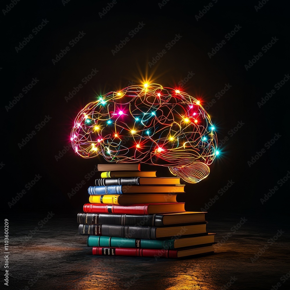 Aufkleber learning summary concept. illuminated brain design atop a stack of books in a dark setting.