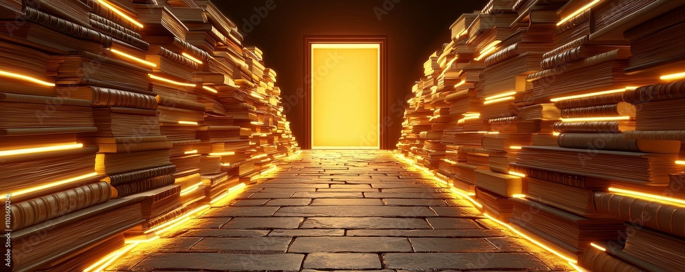 Aufkleber learning summary concept. illuminated doorway flanked by glowing stacks of books.