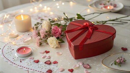 Heart-Shaped Gift Box Surrounded by Valentine's Day Decorations on a Table in Long Exposure, Romantic Atmosphere with Soft Lighting and Beautiful Arrangements
