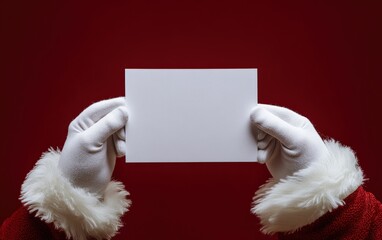 Santa holding a white card. The card is blank and the santa is wearing white gloveS