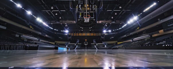 Empty basketball stadium illuminated with bright lights for the game