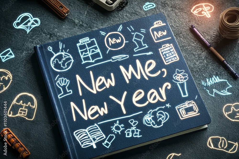 Wall mural new me concept. new year resolution concept with a creative notebook and doodles.