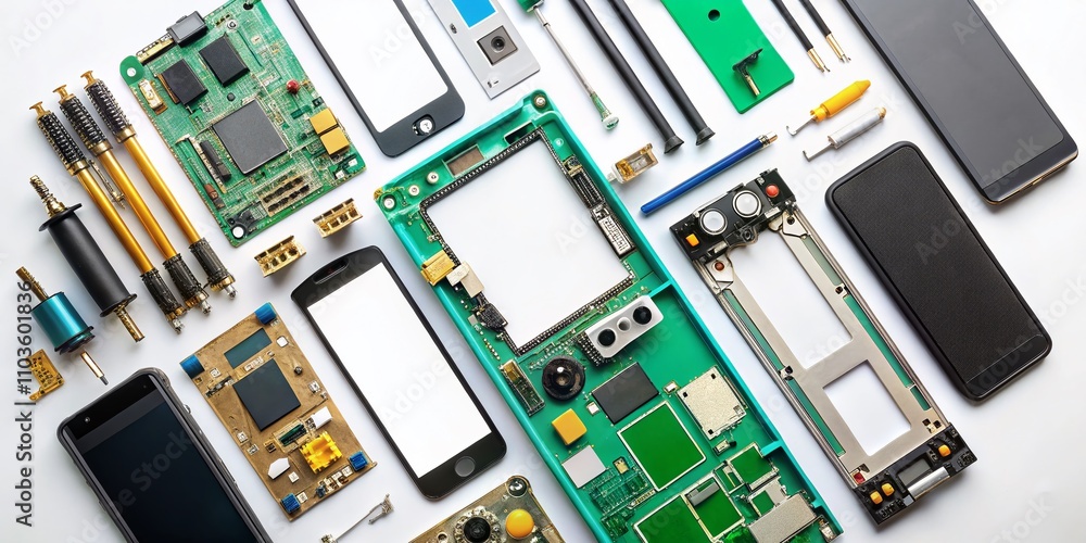 Poster flat lay arrangement of smartphone components on a white background for tech enthusiasts and diy rep