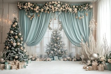 Vintage-style light blue and sage green photo backdrop with a large window, curtains, flowers, a big christmas tree, ball, bell and garland hanging from the ceiling 