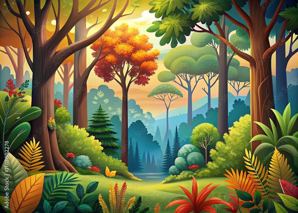 Poster flat vector illustration of forest plants and tree branches with a balanced composition using the ru