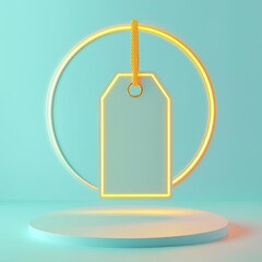 Special discount concept. Minimalist neon price tag on a circular stand against a blue background. 3D style.
