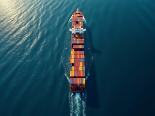 A container ship sails the ocean in the calm.