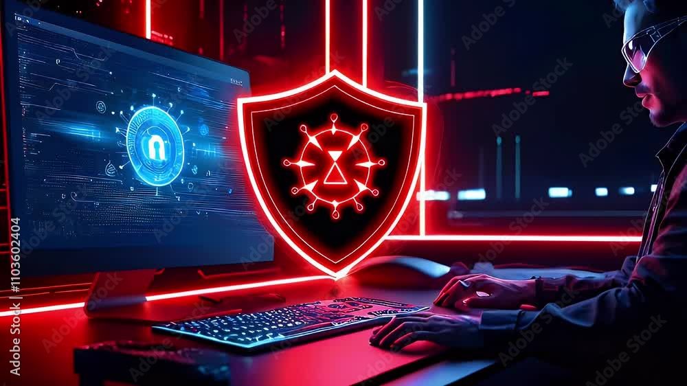 Aufkleber a futuristic workspace featuring cybersecurity elements and a user interacting with technology.