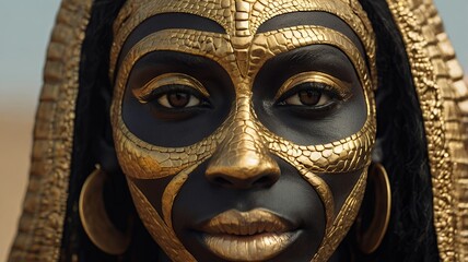 close up, black face of human being reptilian like in a peaceful way, close eyes, VOGUE style photography, death goddess, pharaoh heavenly clothing, black and gold colors, ultra high quality model