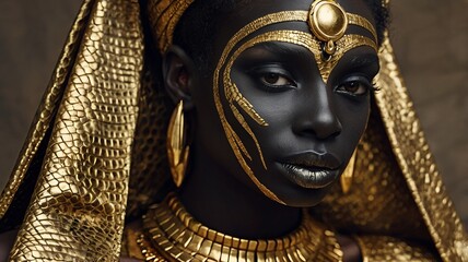 close up, black face of human being reptilian like in a peaceful way, close eyes, VOGUE style photography, death goddess, pharaoh heavenly clothing, black and gold colors, ultra high quality model