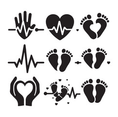 Set of heart pulse with heart and babys feet 

vector illustration