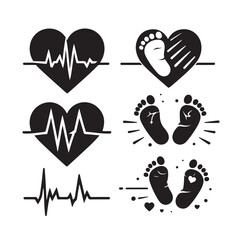 Set of heart pulse with heart and babys feet 

vector illustration