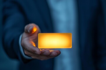 Special offer benefit concept. Illuminated rectangular object held in a person's hand.