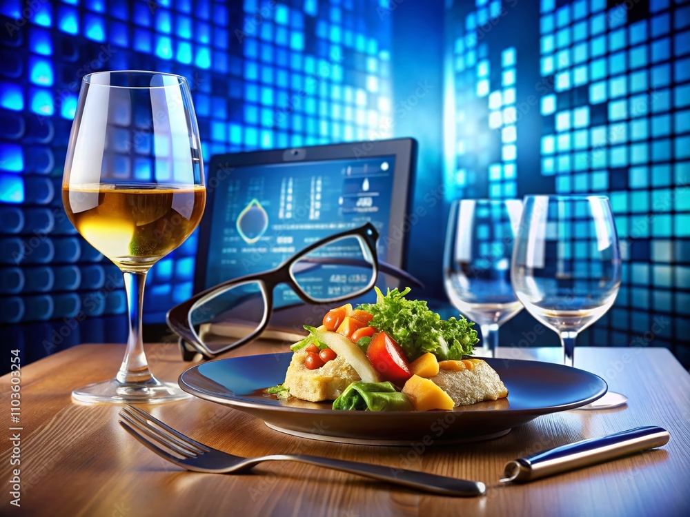 Poster Food Photography with Data Reflection: Glasses Showcasing Monitor Output on Blue Screen, Capturing Numbers and Letters in a Culinary Context for Digital Insights