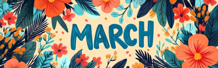 March Banner with Spring Blossoms and Green Leaves