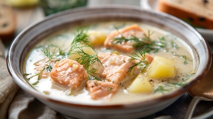 A mouth watering plate of Finnish salmon soup with creamy broth, tender salmon chunks, potatoes, and drill, served with rye bread.
