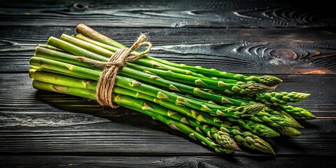 Fresh Asparagus on Wooden Table with Black Background - A Beautiful Drone Photography Perspective of a Healthy Vegetable Arrangement for Culinary Inspiration and Food Styling