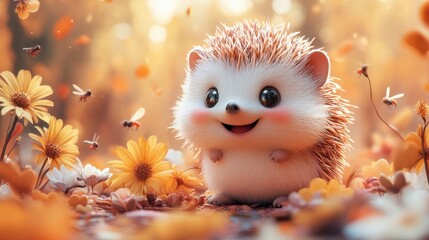 Logo design featuring a charming hedgehog character with a big smile, surrounded by colorful flowers and playful insects. The cute style and bright colors enhance its playful appearance, complemented 