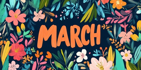 March Banner with Spring Blossoms and Green Leaves