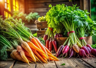 Fresh Carrots with Green Tops: A Vibrant Display of Organic Vegetables Showcasing Healthy Produce for Culinary Inspiration and Farm-to-Table Concepts in Architectural Photography