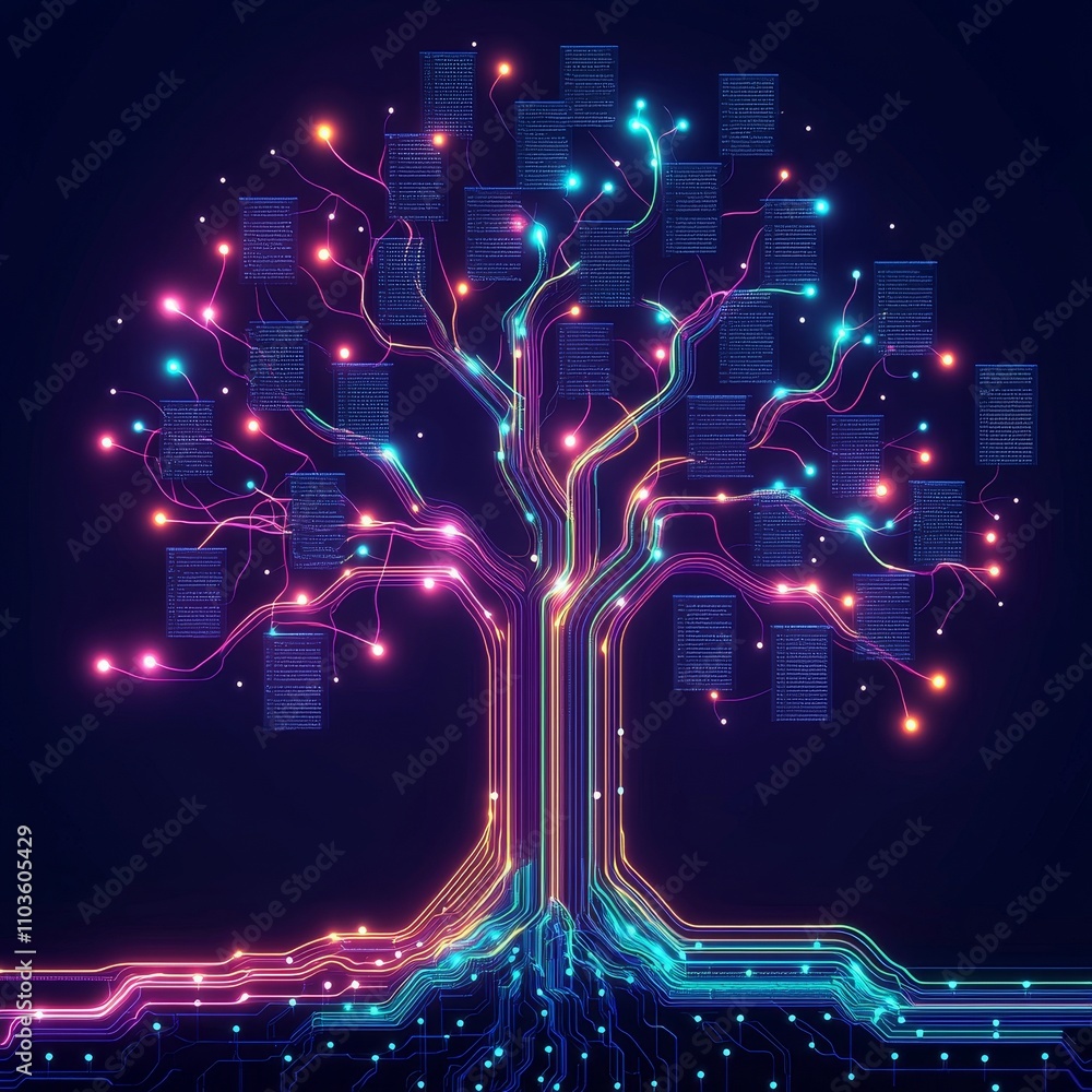 Poster summary assessment concept. digital tree with glowing branches and circuit-like roots in vibrant col