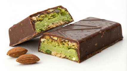 Delicious chocolate bar with green filling and almond pieces showcased on a white background