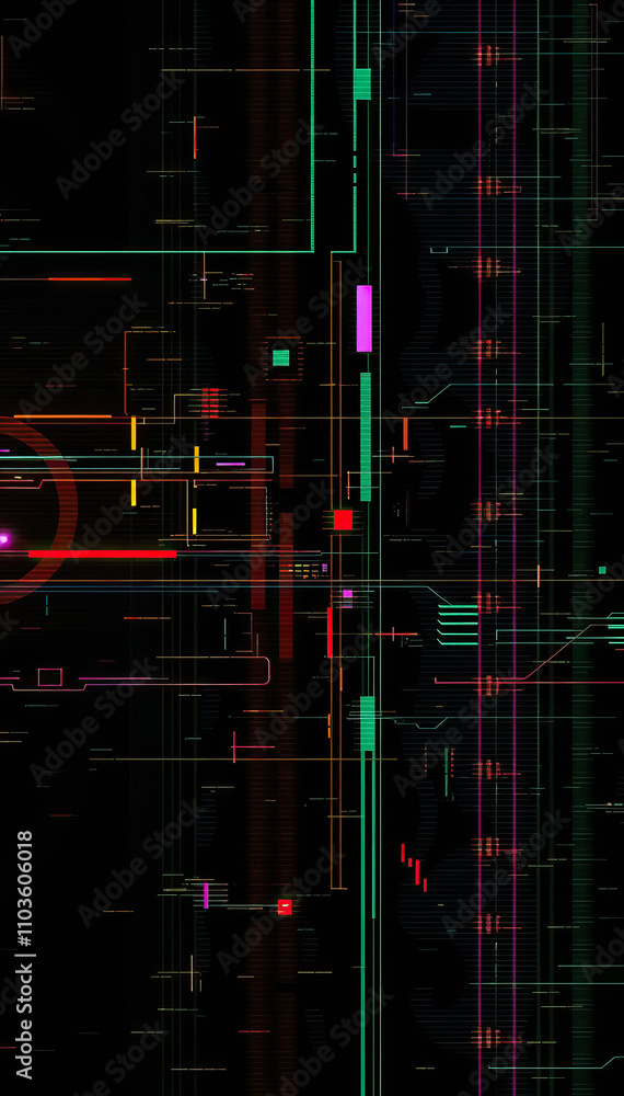 Poster futuristic digital circuit design glowing lines connections high-tech innovation technology cyber network system futuristic interface data transfer advanced technology vertical format
