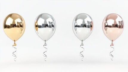 A set of chrome balloons in gold, silver, and rose gold, with matching ribbons, floating elegantly, on white